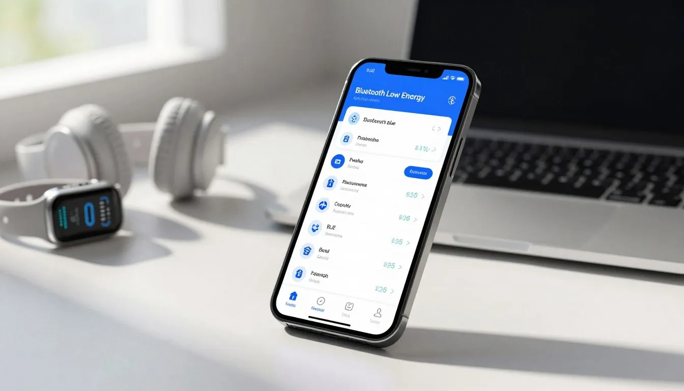 Smartfon połączony przez Bluetooth Low Energy z zegarkiem, opaską i słuchawkami